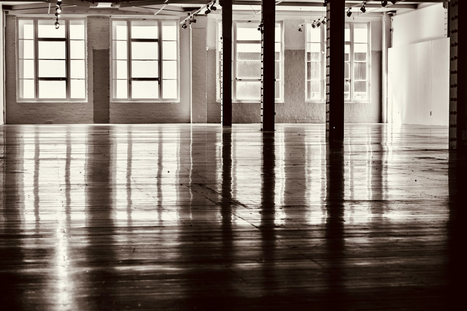 Sunlight across the polished wooden floor of an empty warehouse loft — a rehearsal room waiting to happen